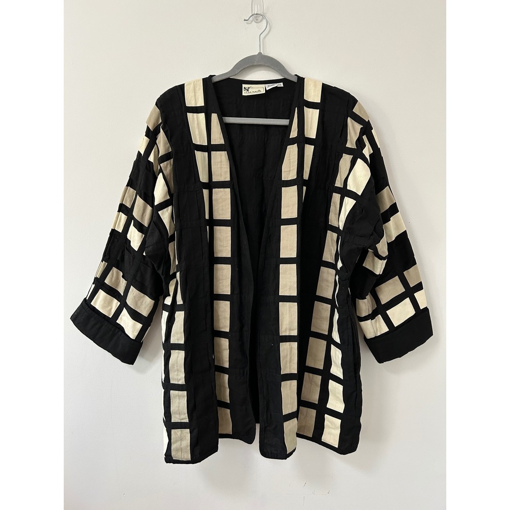 Yak Magik Grid Print Kimono Jacket Women 2X Black Cream Lagenlook Art to Wear